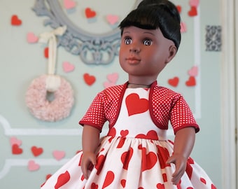 Classic Vintage Style Valentine's Day Red Hearts on Blush Dress/Reversible Bolero Jacket for 18" Doll AG Doll