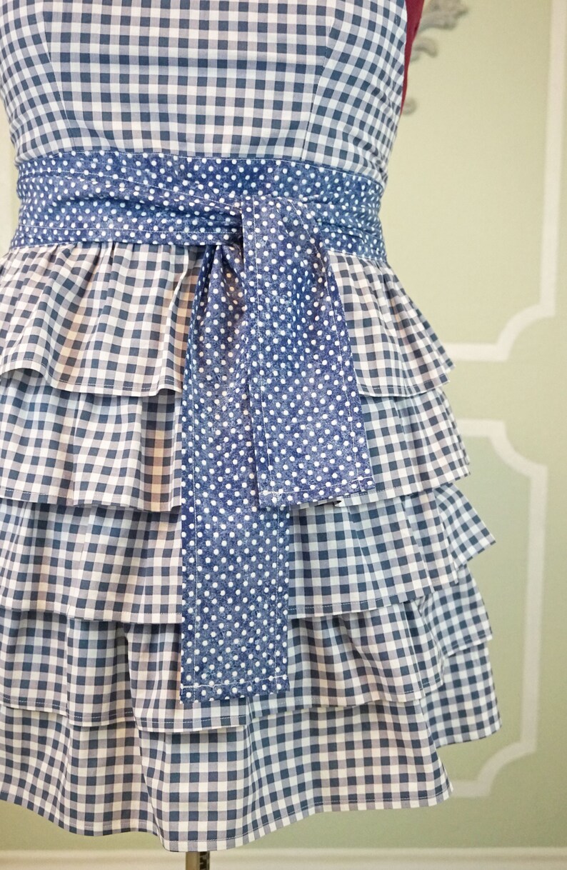 SOPHIE Vintage Style Full Ruffle Apron Blue Check Gingham image 9