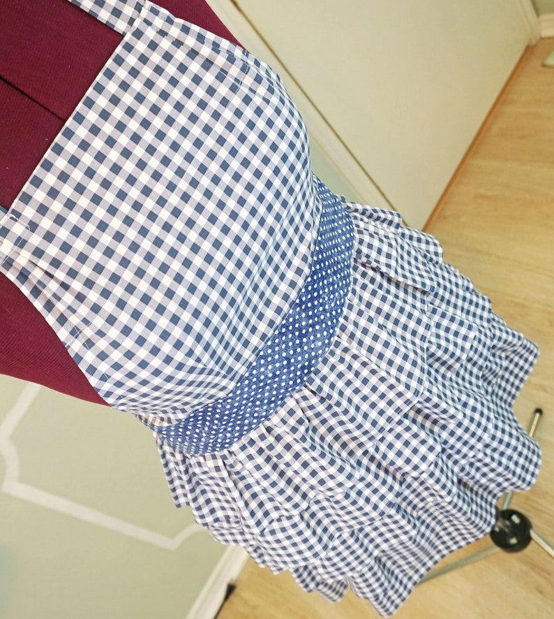 SOPHIE Vintage Style Full Ruffle Apron Blue Check Gingham image 7