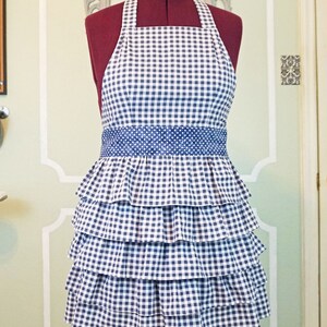 SOPHIE Vintage Style Full Ruffle Apron Blue Check Gingham image 10