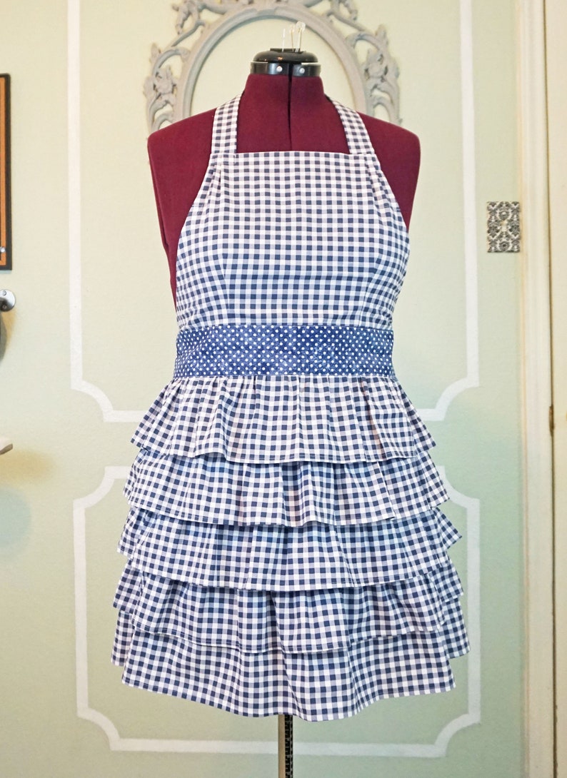 SOPHIE Vintage Style Full Ruffle Apron Blue Check Gingham image 10