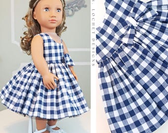 Vintage Style Summer Large Navy Blue Gingham Sundress for 18" Doll AG Doll