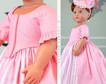 Robe à l'anglaise Robe deux pièces historique rose unie et à rayures pour poupée 18 po. AG Doll