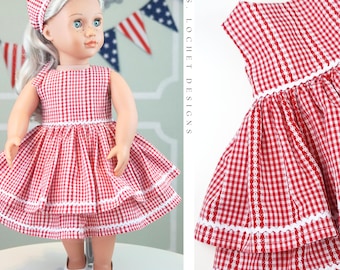 Vintage Style Tiered Red Gingham and Rickrack Summer Americana Dress with optional Kerchief for 18" Doll AG Doll