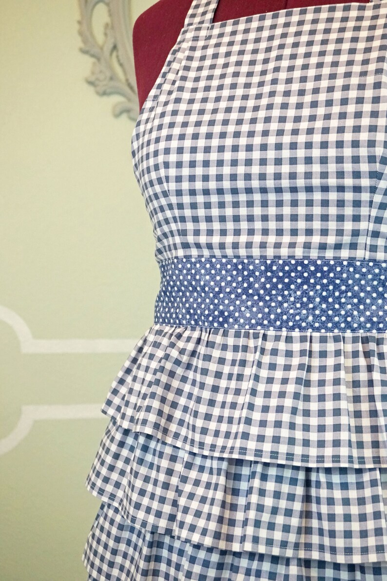 SOPHIE Vintage Style Full Ruffle Apron Blue Check Gingham image 6