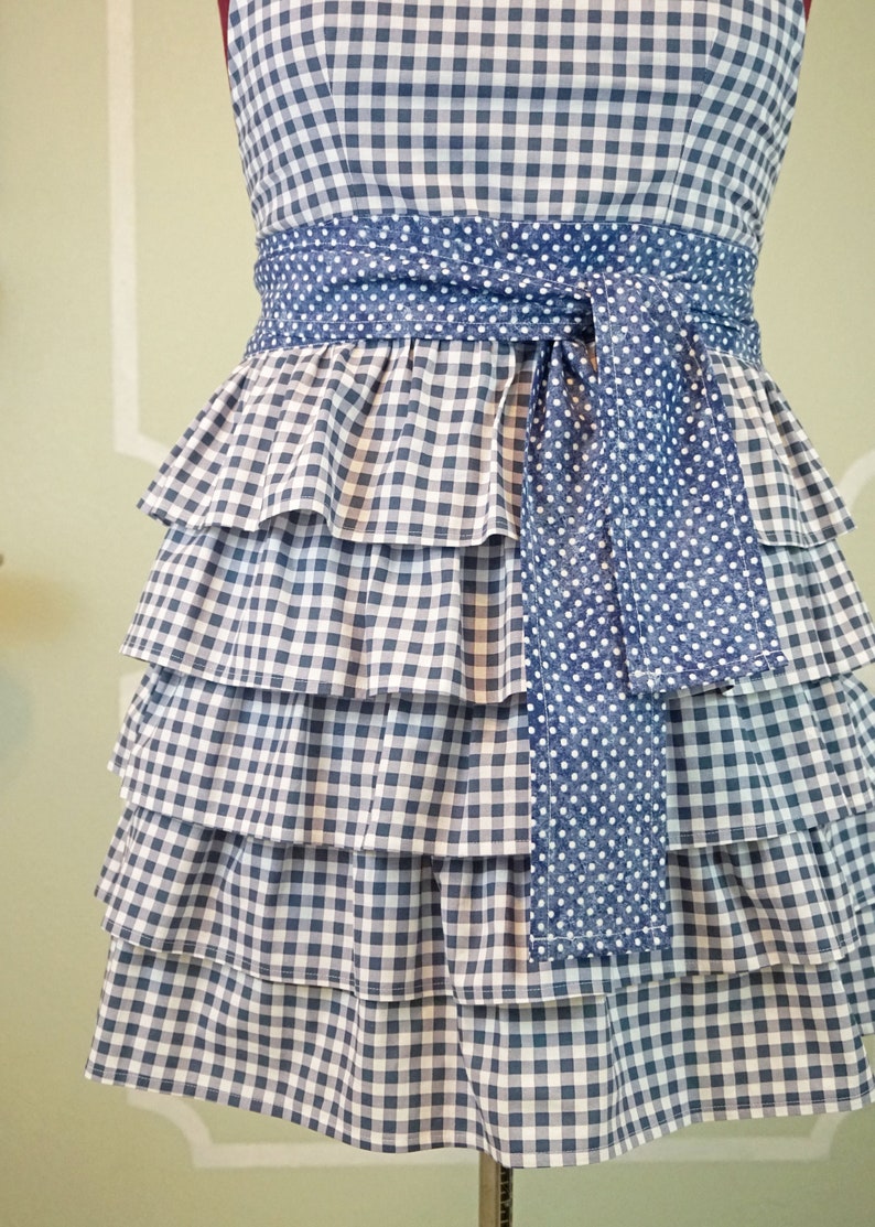 SOPHIE Vintage Style Full Ruffle Apron Blue Check Gingham image 5