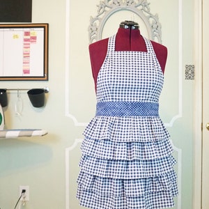 SOPHIE Vintage Style Full Ruffle Apron Blue Check Gingham image 2