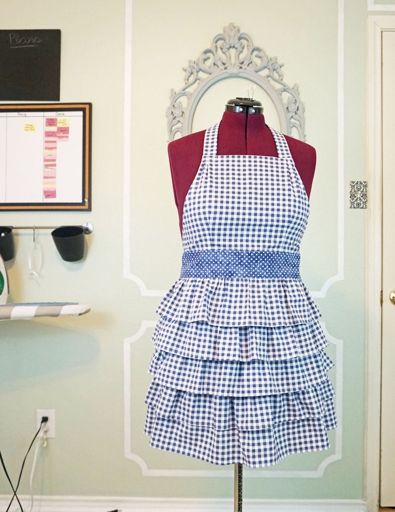 SOPHIE Vintage Style Full Ruffle Apron Blue Check Gingham image 2