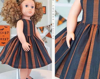 Robe d'Halloween à rayures orange et noires de style vintage classique pour poupée AG de 18 pouces