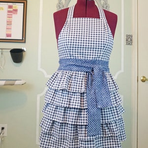 SOPHIE Vintage Style Full Ruffle Apron Blue Check Gingham image 8