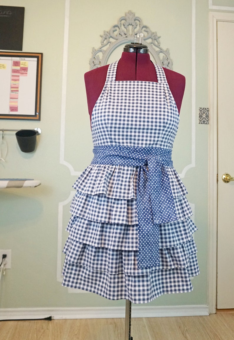 SOPHIE Vintage Style Full Ruffle Apron Blue Check Gingham image 8