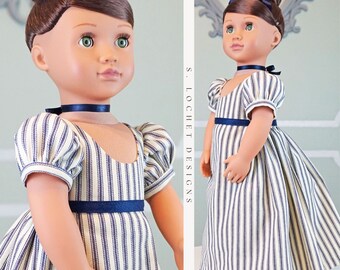 Blue Ticking Stripe Regency Dress for 18" Doll AG Doll