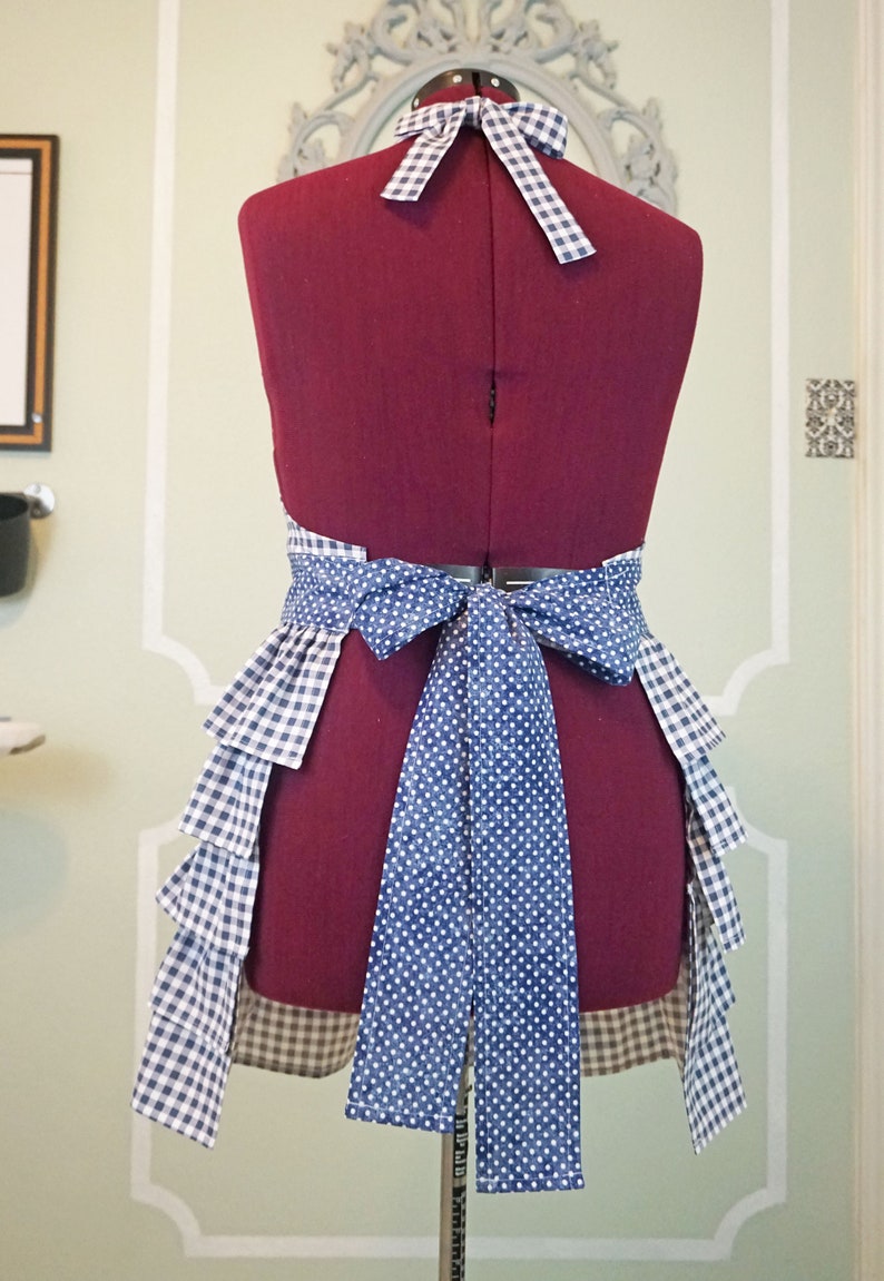 SOPHIE Vintage Style Full Ruffle Apron Blue Check Gingham image 4