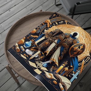 Könnte beinhalten: Ein Geschenk mit braunem Band liegt auf Geschenkpapier. Das Papier und das Geschenk zeigen ein Fantasy-Design in Marineblau, Gold und Weiß mit Illustrationen eines Ritters, Tränken und Büchern.