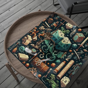May include: Dark blue wrapping paper with a fantasy theme. It features dragons, dice, scrolls, and other magical items. The paper is ideal for wrapping gifts for gamers or fantasy fans.