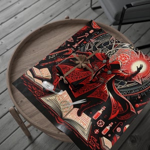 May include: Black and red wrapping paper with a wizard casting a spell. The wizard is wearing a red robe with gold trim and is surrounded by magical symbols and books. The paper is perfect for wrapping gifts for fans of fantasy and magic.