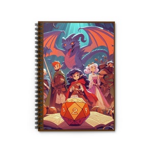 May include: Spiral-bound notebook featuring a fantasy illustration. The artwork depicts a group of adventurers, a dragon, and a large die. The cover has a brown border and a white background. The illustration is colorful, with a focus on fantasy and role-playing games.