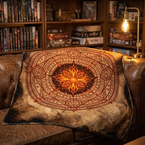 May include: A rectangular throw blanket featuring a central circular design with a glowing orange and yellow starburst pattern surrounded by intricate dark red runic symbols and geometric borders on a weathered, parchment-colored background.