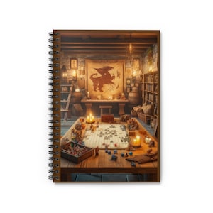 May include: A wooden table with a game board, dice, and miniature figures. There are candles on the table and a map of a fantasy world on the wall behind the table.