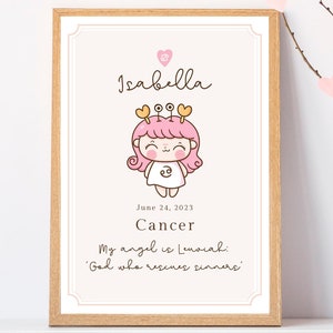 Signo do zodíaco do bebê personalizado e gráfico de nascimento do anjo da Cabala para impressão - Decoração personalizada do berçário do bebê - Presente exclusivo para recém-nascidos - 100% digital