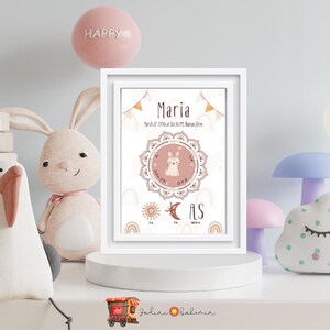 Puede incluir: Una impresión enmarcada con el nombre "Maria" y detalles de nacimiento, con un diseño rosa y blanco con una ilustración de conejo. La impresión incluye símbolos del zodiaco y se muestra en un pedestal blanco, con un globo rosa que dice "HAPPY".