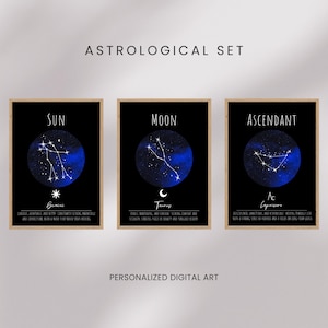 Personalized Digital Astrology Art Set of 3 - Sun, Moon & Ascendant - Zodiac Art