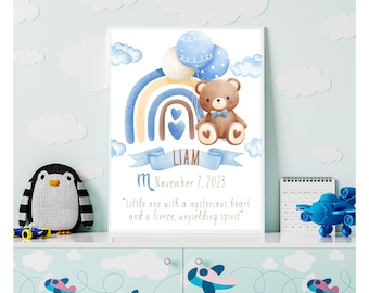 Digital Baby Boy Birth Poster. Personalized Birth Poster. Newborn Baby Boy Nursery Decor. Custom Birth Stats Printable. Zodiac quote