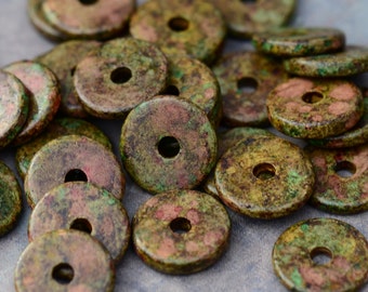 25 Heathered Green 13mm Round Washer Greek Ceramic Spacer Beads