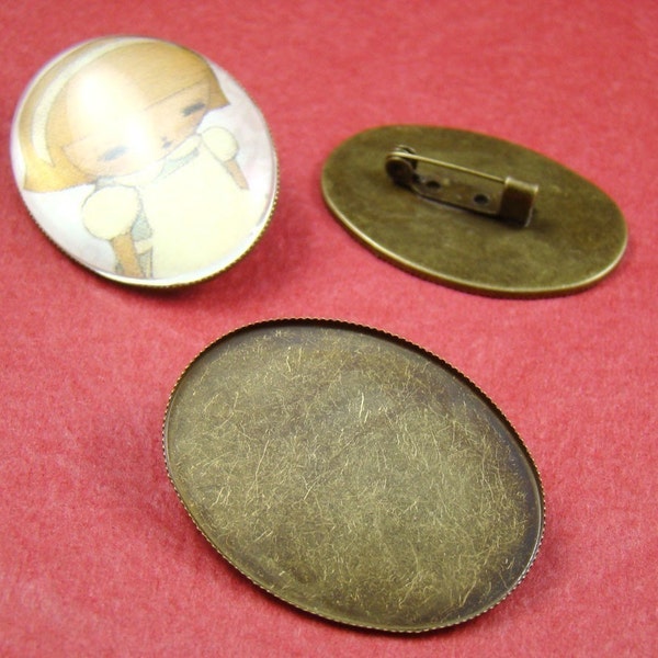 6pcs Antique Bronze Brooch Back 40x30mm Oval Base Setting With Safety Pin HA312