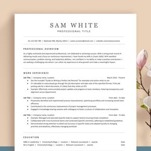 Może przedstawiać: Szablon CV o profesjonalnym wyglądzie. CV zawiera sekcje: podsumowanie zawodowe, doświadczenie zawodowe i wykształcenie. CV jest sformatowane w czystym i nowoczesnym układzie.