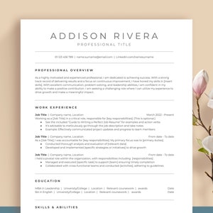 May include: A black and white resume template featuring the name Addison Rivera and the title "Professional Title". The resume includes contact information, a professional overview, work experience, education, and skills and abilities sections.