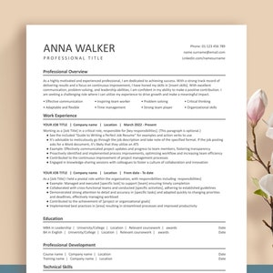 May include: A resume template with a floral background. The resume is for Anna Walker, who is seeking a challenging role. The resume includes sections for professional overview, work experience, education, professional development, and technical skills.