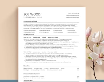 May include: A black and white resume template with a professional design. The resume includes sections for professional overview, work experience, education, professional development, and technical skills. The template features a modern and clean layout with bullet points and headings.