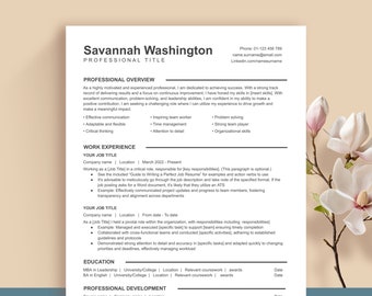May include: A resume template with a professional design. The resume includes sections for professional overview, work experience, education, and professional development. The template is designed to help job seekers create a professional and effective resume.