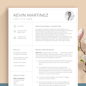 May include: A resume template with a professional overview, skills, work experience, and education sections. The template is designed to help job seekers create a visually appealing and informative resume.