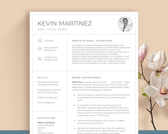 May include: A resume template with a professional overview, skills, work experience, and education sections. The template is designed to help job seekers create a visually appealing and informative resume.