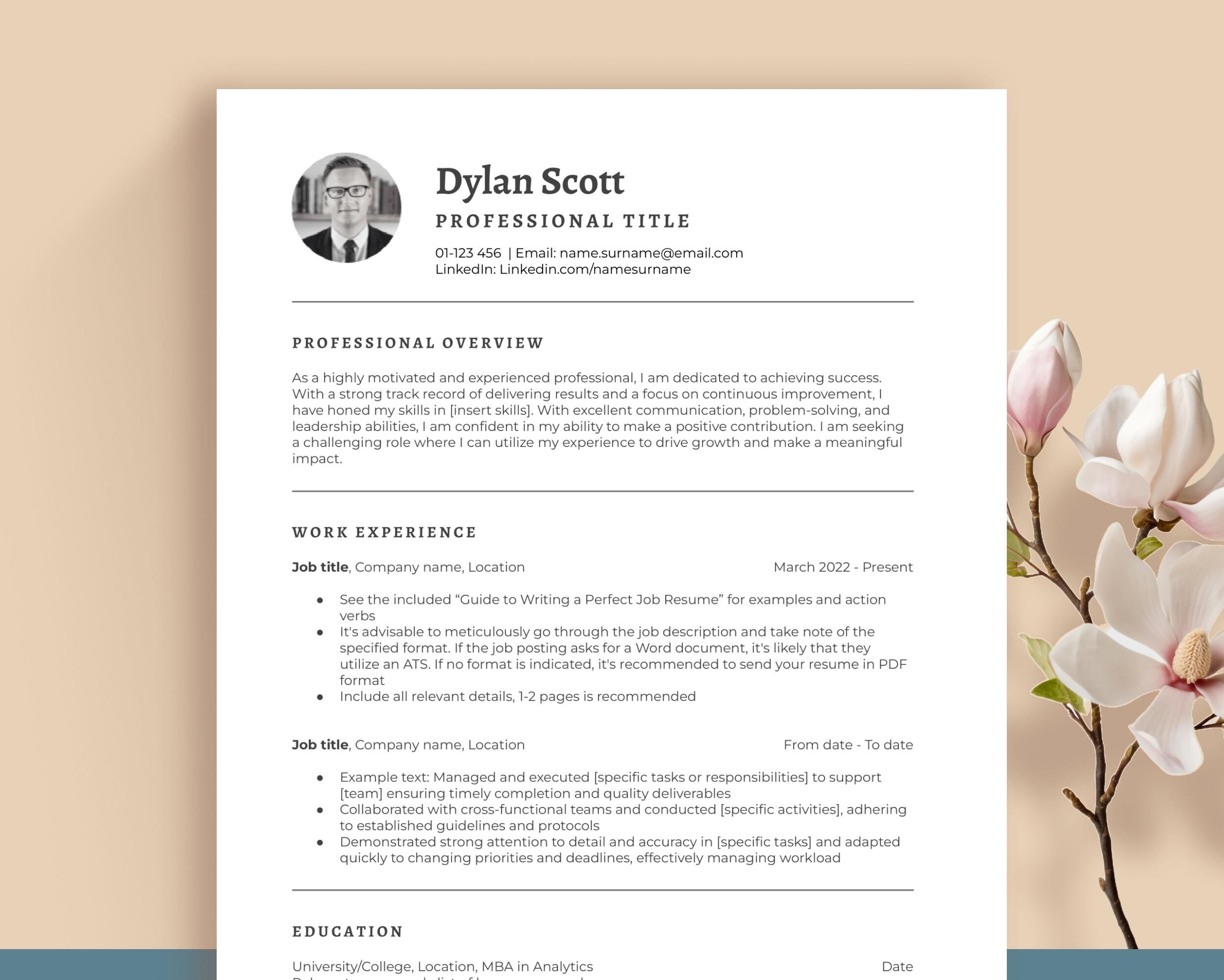 Clean modern resume template with photo. Editable Bundle in Word, Mac Pages, and Google Doc. Reference list and cover letter. Font and icons
