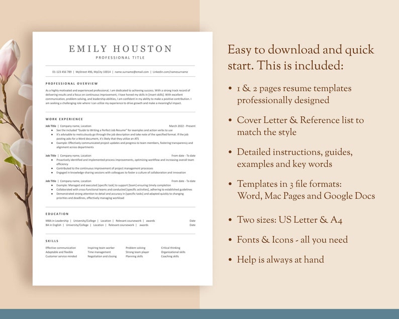 CLEAN MINIMALIST Resume Template - Google Docs, Word, Pages - Executive cv Bundle with Cover Letter and Icons Included. US letter & A4 image 2
