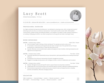 MODERN 1-column resume template with PHOTO. ATS-friendly Word, Mac Pages & Google Doc. Includes cover letter. Easy to edit and professional