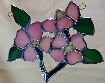 Dogwood blossoms-Stained Glass Suncatcher Three Pink Flowers. Reserved for Lisa C.