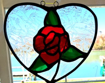 Valentines gift for the love of your life.  Stained Glass Suncatcher Red Rose encircled with textured clear glass.