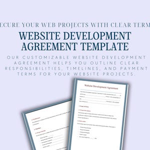 Könnte beinhalten: Eine Website-Entwicklungsvertragsvorlage mit dem Titel "Website Development Agreement" und Abschnitten für den Projektumfang, die Leistungen und die Zahlungsbedingungen.