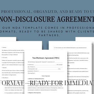 May include: A professional, organized, and ready-to-use non-disclosure agreement (NDA) template. The template is formatted for immediate use and can be shared with clients or partners.