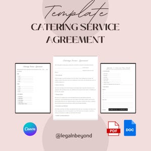 Könnte beinhalten: Eine druckbare Catering-Service-Vereinbarung als Vorlage im PDF- und DOC-Format. Die Vorlage enthält Abschnitte für Veranstaltungsdetails, Leistungsumfang, Zahlungsbedingungen und Haftung und Freistellung. Die Vorlage steht zum Download auf Canva bereit.