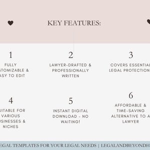 May include: A graphic outlining six key features of legal templates. The features are: fully customisable and easy to edit, lawyer-drafted and professionally written, covers essential legal protections, suitable for various businesses and niches, instant digital download - no waiting!, affordable and time-saving alternative to a lawyer. The text "LEGAL TEMPLATES FOR YOUR LEGAL NEEDS | LEGALANDBEYONDHUB" is at the bottom of the graphic.