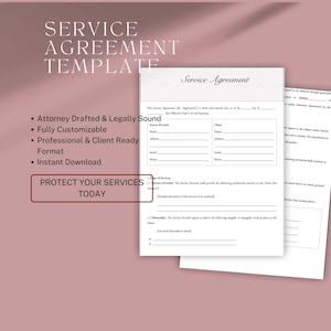 Może przedstawiać: Drukowany szablon umowy o świadczenie usług z tytułem "Service Agreement" i tekstem "Protect Your Services Today". Szablon jest przeznaczony dla usługodawców do użytku podczas pracy z klientami.