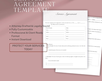 Può includere: Un modello di contratto di servizio stampabile con il titolo "Service Agreement" e il testo "Protect Your Services Today". Il modello è progettato per i fornitori di servizi da utilizzare quando lavorano con i clienti.
