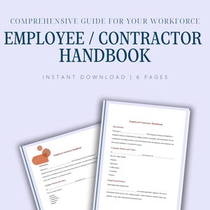 Peut inclure: Un téléchargement numérique bleu et blanc pour un manuel des employés et des entrepreneurs. Le manuel est un guide complet pour votre main-d'œuvre et comprend 6 pages. Le texte de la couverture indique "Manuel des employés/des entrepreneurs" et "Téléchargement instantané | 6 pages".