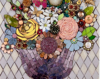 May include: A mosaic art piece depicting a bouquet of flowers in a purple vase. The flowers are made of various materials, including glass, ceramic, and metal. The vase is made of small, purple tiles.