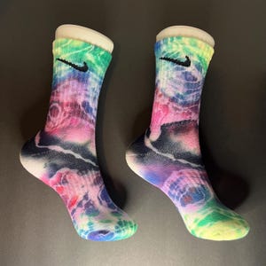 Custom Handmade Violet /Purple /Lime Tie-Dye NIKE Crew Socks